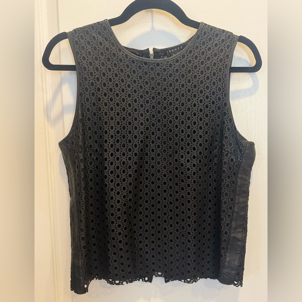 THEORY Black Laser Cut Lamb Leather Sleeveless Top Large